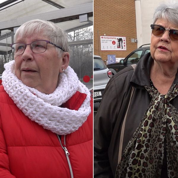 Tre personer i olika kläder står utomhus. Anne-Marie bär en vit, stickad halsduk och en röd jacka. Anne  har en svart jacka med en leopardmönstrad scarf. Alve är iförd en röd jacka. Bakgrunden visar en parkeringsplats och en byggnad.