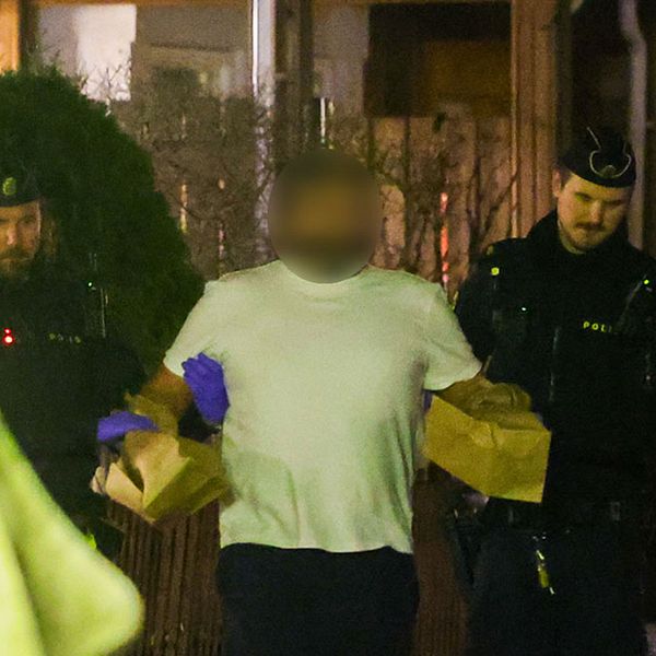 En person vars ansikte har blurrats grips av två poliser. På händerna har personen pappåsar.