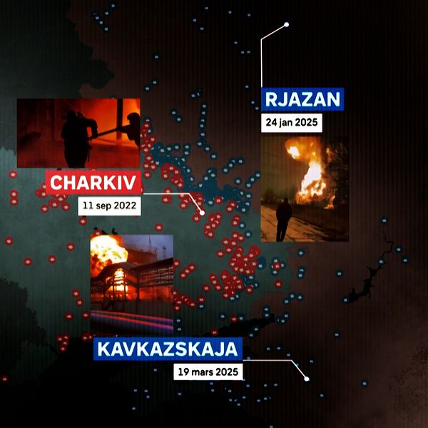 Tredelad bild. Charkiv: eld och folk vid byggnad. Kavkazskaja: stor eld. Rjazan: eld och explosion.