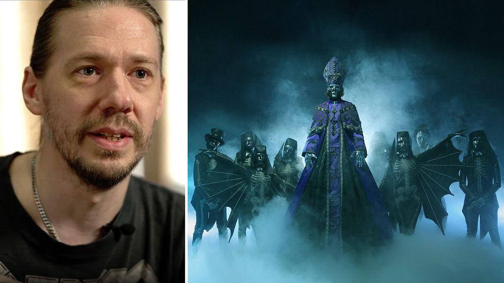 Tvådelad bild. Till höger: Mystisk musikgrupp i dimma och dramatiska kostymer.