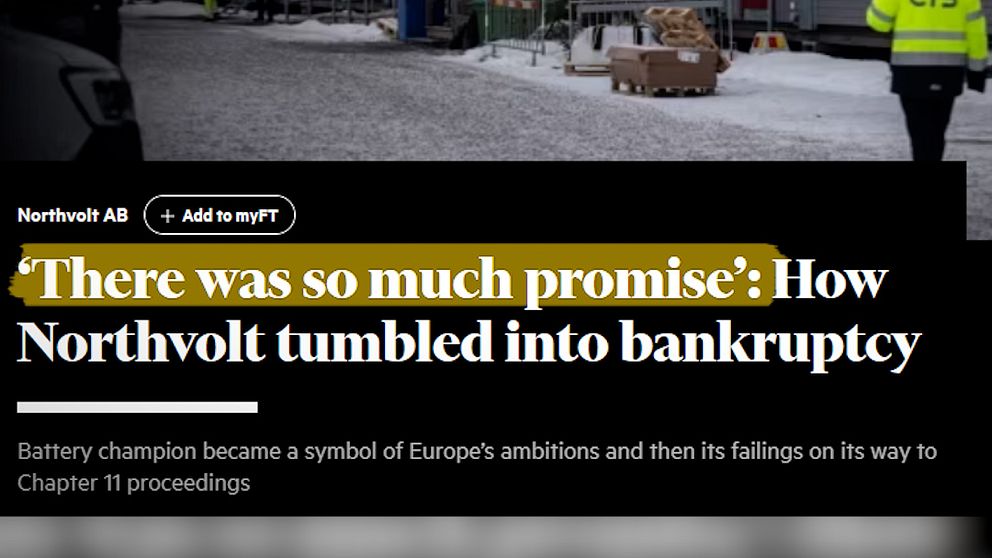 Artikelbild med bankrubbning: Byggarbetsplats, person i CIS-jacka, och Northvolt-rubriken.