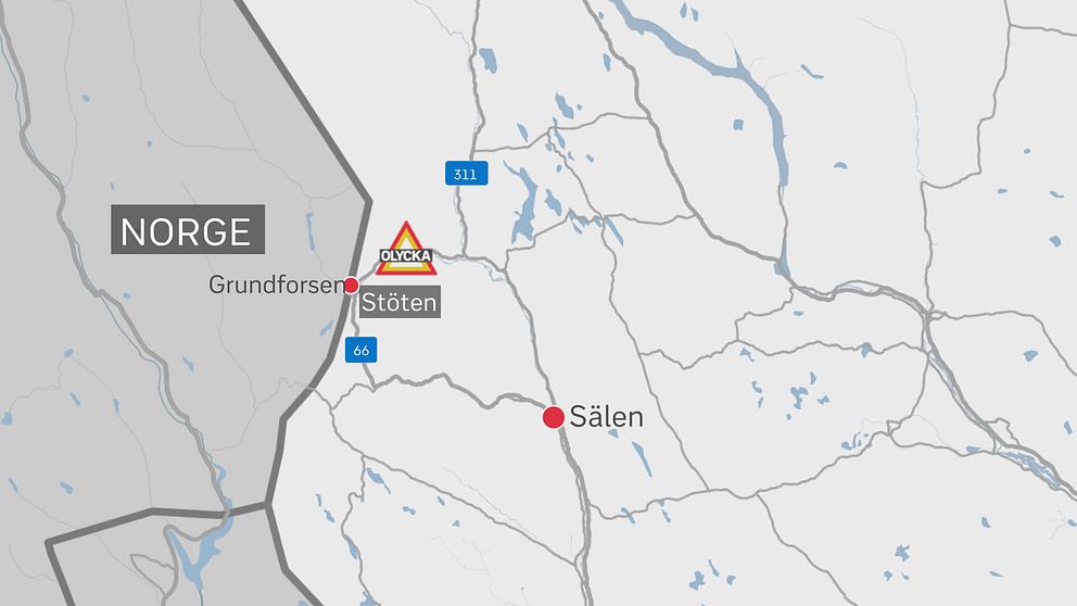 Karta över Sälen med markerad olycksplats nära norska gränsen.
