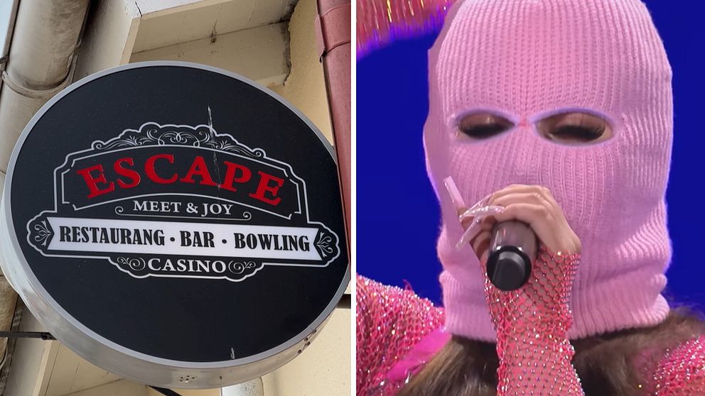 Tvådelad bild. Till vänster: Escape-skylt. Till höger: person i rosa mössa och glitterkläder.