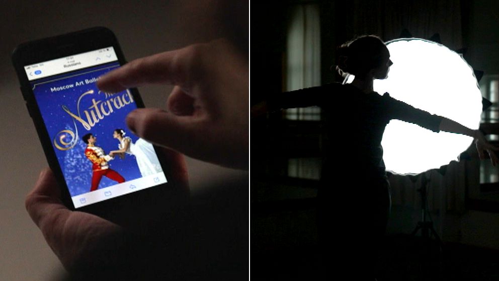 Tvådelad bild. Vänster: Hand bläddrar i premiärprogram på mobil. Höger: Silhuett av dansare framför lampa.